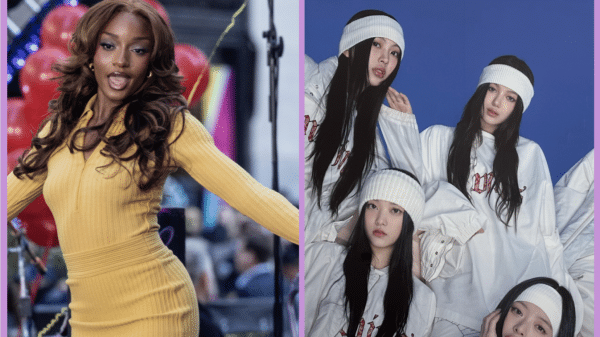 (Left) Afrobeats singer-songwriter Ayra Starr, (Right) four members of the K-Pop group NewJeans
